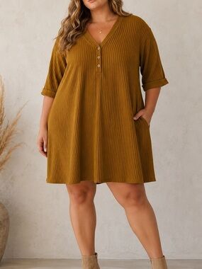 Lisa Bayne Linen Blend Oversized Boho Lagenlook Pinstripe Shift Tunic Dress
